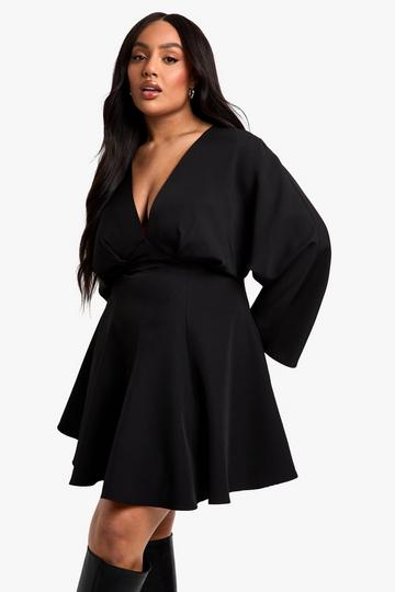 Black Plus Pleated Skirt LONG SLEEVE Skater Dress