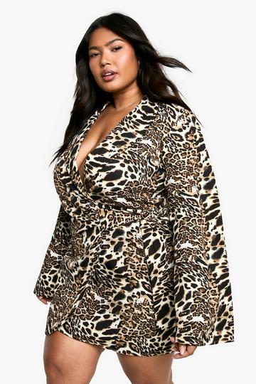 Plus LEOPARD Buckle Detail Tailored Blazer Dress brown