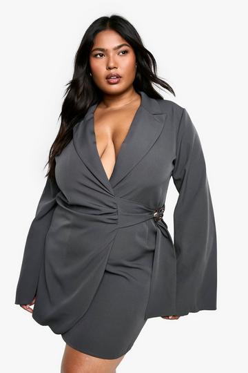 Plus Buckle Detail Tie Waist Tailored Blazer Dress charcoal