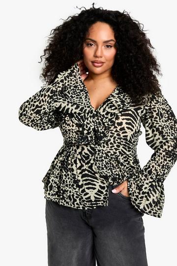 plus animal print chiffon ruffle blouse stone