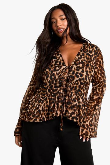 plus leopard tie front ruffle blouse brown