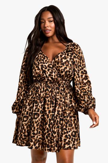 plus leopard wrap smock dress brown