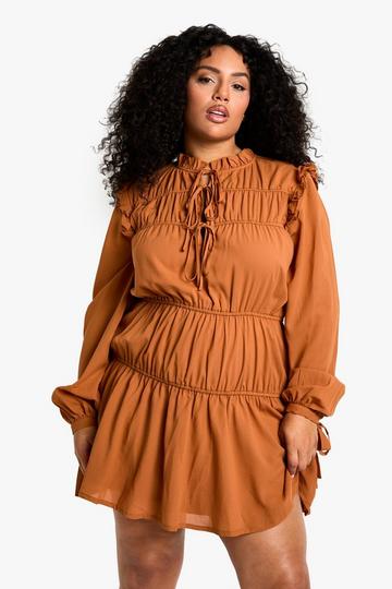 Tan Brown plus rouched VOLUMINOUS smock dress