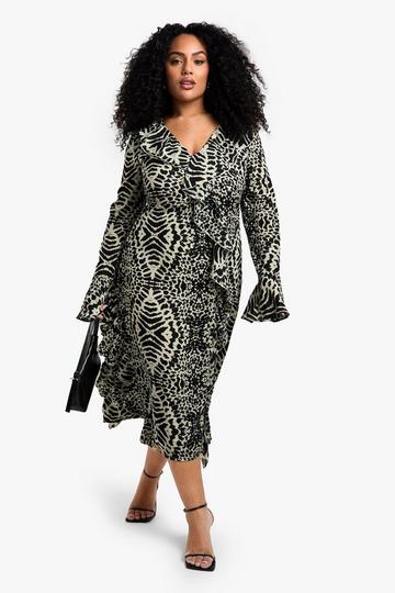 plus animal print chiffon ruffle midi dress stone