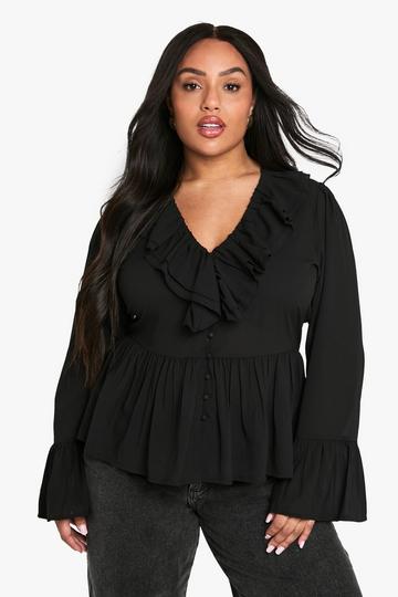 Black plus chiffon ruffle blouse