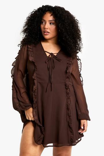 Plus Gesmokte Chiffon Volumineus Jurk chocolate