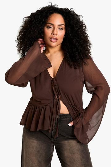 plus tie front ruffle blouse chocolate