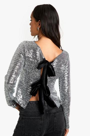 Sequin Bow Tie Back Top silver