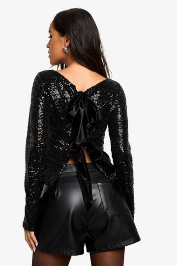 Sequin Bow Tie Back Top black