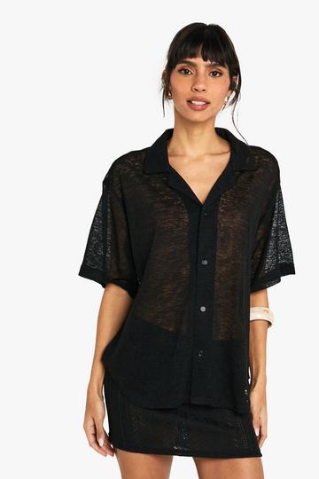 Textured Crochet Sheer Knitted Shirt black