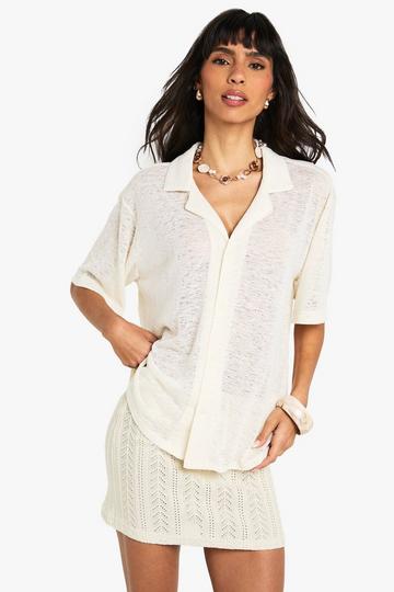 Cream White Textured Crochet Sheer Knitted Shirt