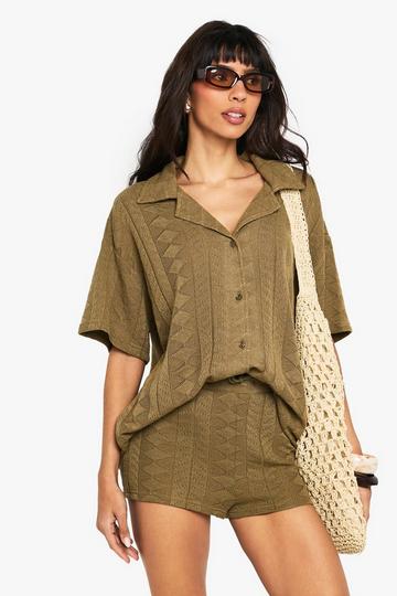 Mix and Match Crochet Textured Patterned Knitted Shirt khaki