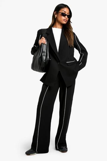 Woven Tailored Piping Straight Leg Trousers black