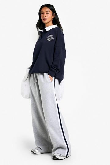 Grey Petite Side Stripe Tape Wide Leg Joggers