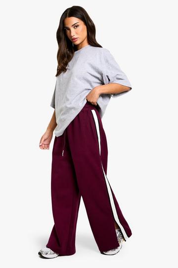 Petite Side Stripe Tape Split Hem Wide Leg Joggers burgundy