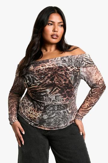 Multi Plus Leopard Mesh Bardot Top