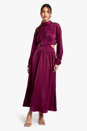 Satin High Neck Midaxi Dress plum