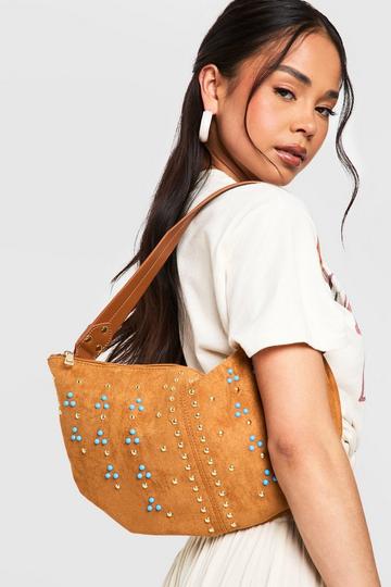 Studded Faux Suede Shoulder Bag tan