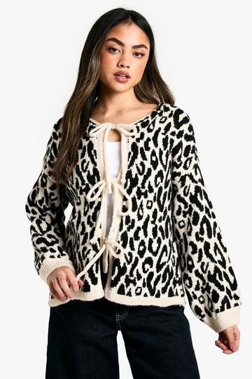 Geborstelde Gebreide Luipaardprint Cardigan Met Strik mono