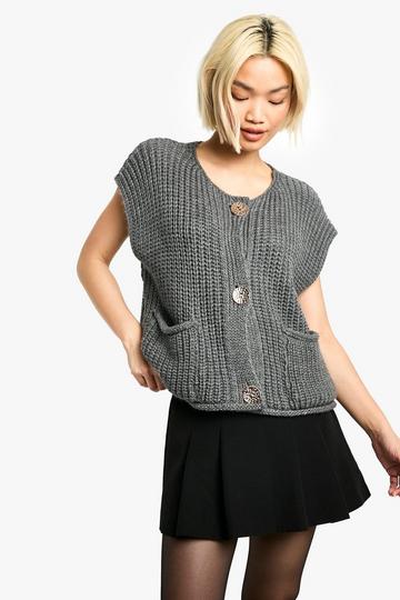 Chunky Knit Button Detail Oversized Knitted Vest grey