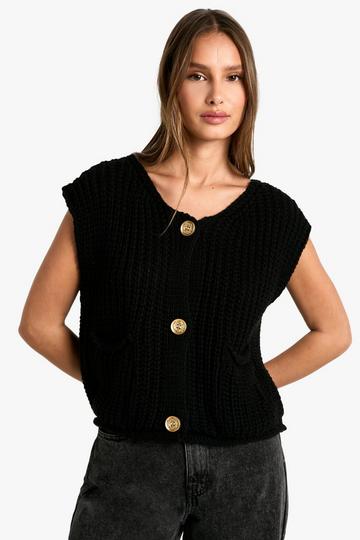 Chunky Knit Button Detail Oversized Knitted Vest black