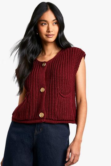 Chunky Knit Button Detail Oversized Knitted Vest wine