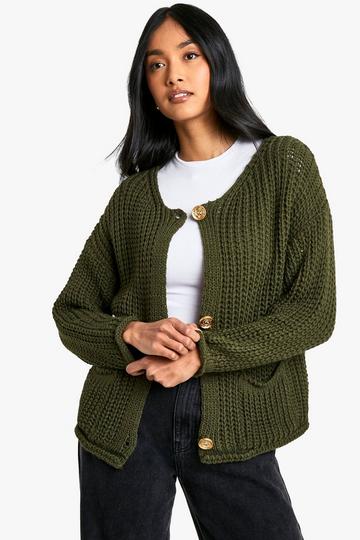 Oversized Gebreide Dikke Gebreide Cardigan Met Knoop Detail khaki