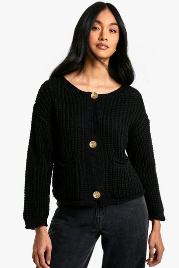 Chunky Knit Button Detail Oversized Knitted Cardigan black