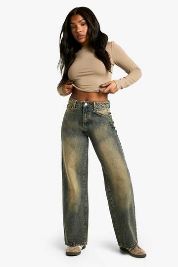 Dark Brown Basics Vintage Wash High Waisted Super Wide Leg Jeans