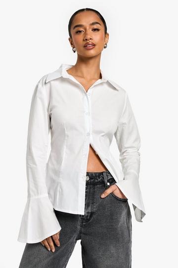 Petite Flared Sleeve Cinched Waist Shirt white