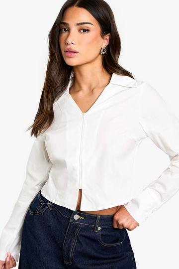 Petite Fitted Zip Front Shirt white