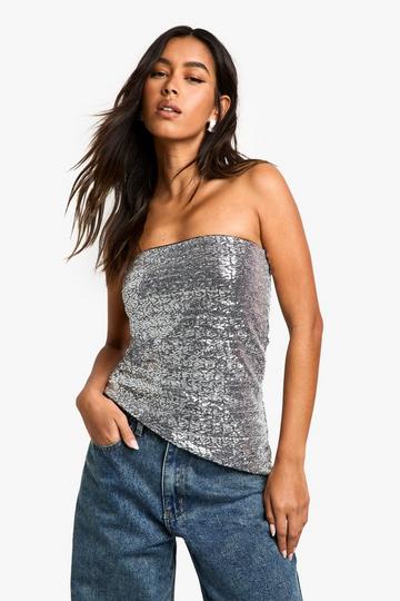 Silver Sequin Bandeau Asym Hem Top