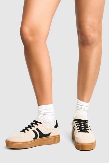 Contrasterende Gestreepte Gympen Met Plateauzolen ecru