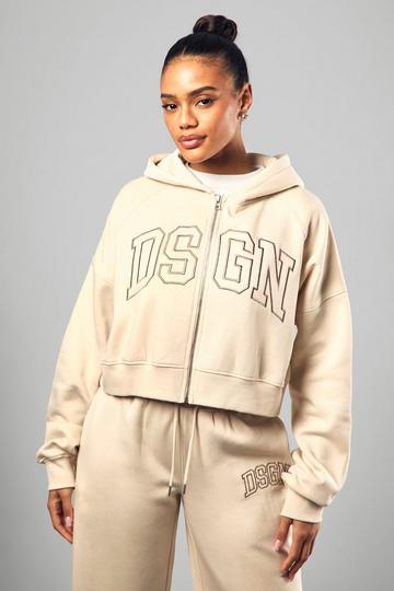 Ecru White Dsgn Studio Collegiate Embroidered Boxy Zip Through Hoodie