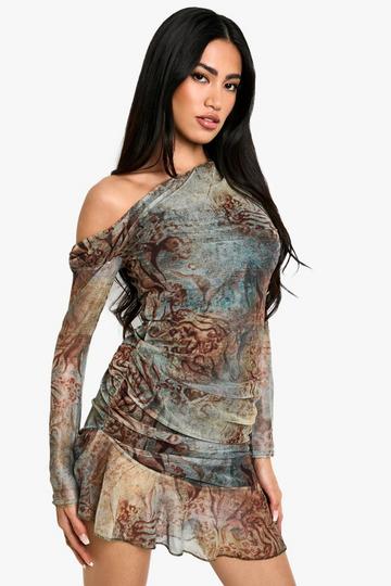 Animal Mesh Drape Frill Long Sleeve Mini Dress brown