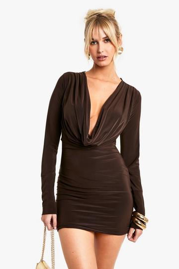 Square Neck Long Sleeve Slinky Bodycon Dress chocolate