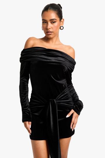 Black Bardot Long Sleeve Drape Detail Mini Dress