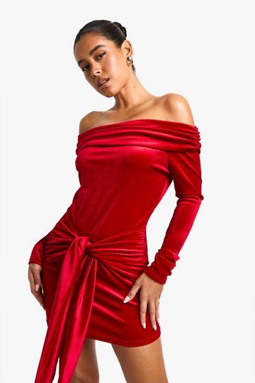 Bardot Long Sleeve Drape Detail Mini Dress red