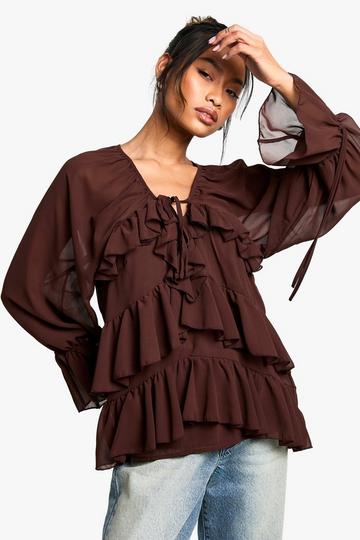 Ruffle tie front blouse chocolate