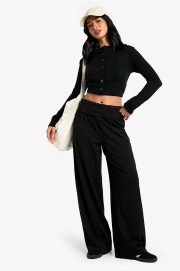 Petite Wide Leg Cotton Jersey Folded Waistband Wide Leg black