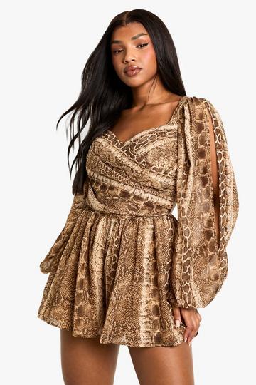 Snake Print Split Sleeve Playsuit brown