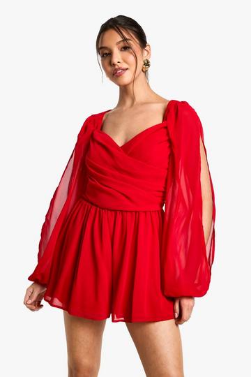 Chiffon Split Sleeve Playsuit red