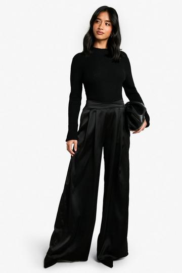 Petite Crossover Waistband Satin Wide Leg Trousers black