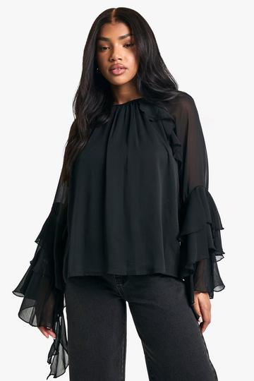 Ruffle flare sleeve blouse black