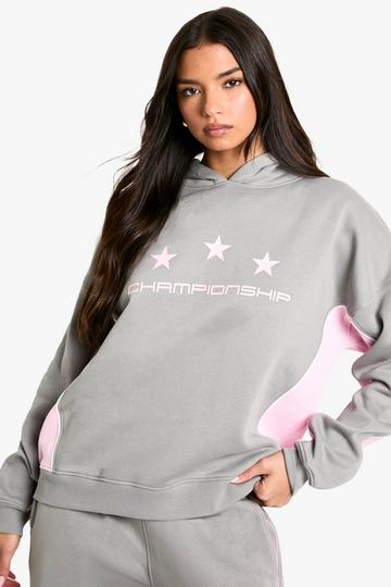 Championship Star Slogan Colour Block Oversized Hoodie light grey