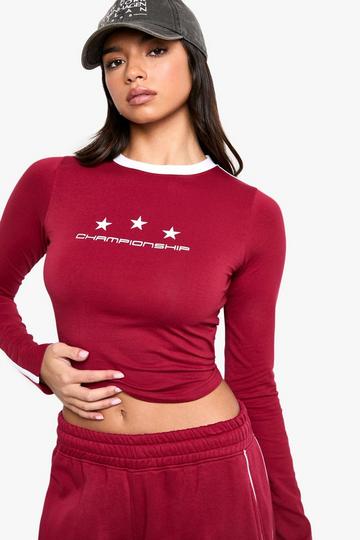 Red Championship Star Print Long Sleeve Ringer Top