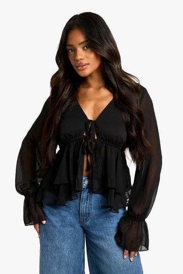 Ruffle flare sleeve blouse black