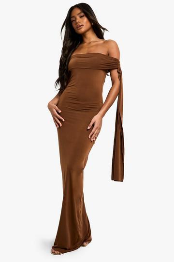 Bronze Metallic Twist Detail Off Shoulder Drape Maxi Dress