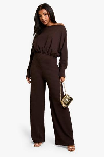 Cold Shoulder Wide Leg Textured Jumpsuit brown