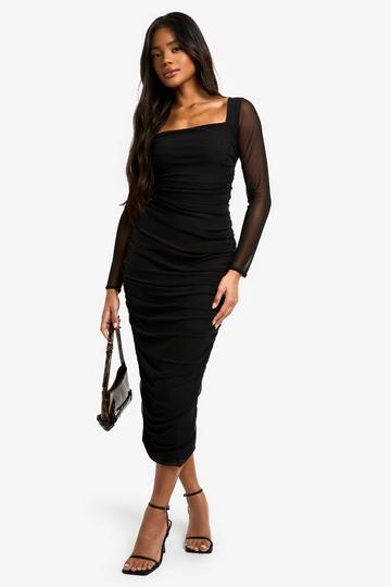 Square Neck Ruched Mesh Midaxi Dress black